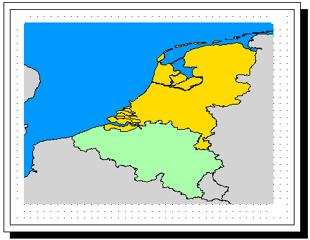 Map of Belgium and the Netherlands. The Netherlands is here shown in yellow.
